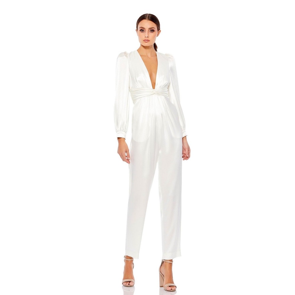 Mac Duggal Front Twist Puff Sleeve Satin Deep V Jumpsuit White New Sz 2